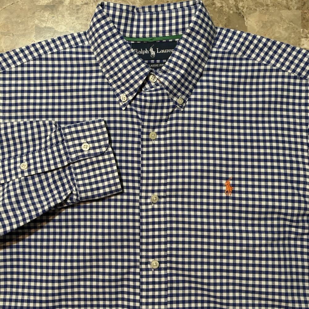 Polo Ralph Lauren Shirt Mens M Blue Classic Fit Gingham Oxford OCBD STARCHED